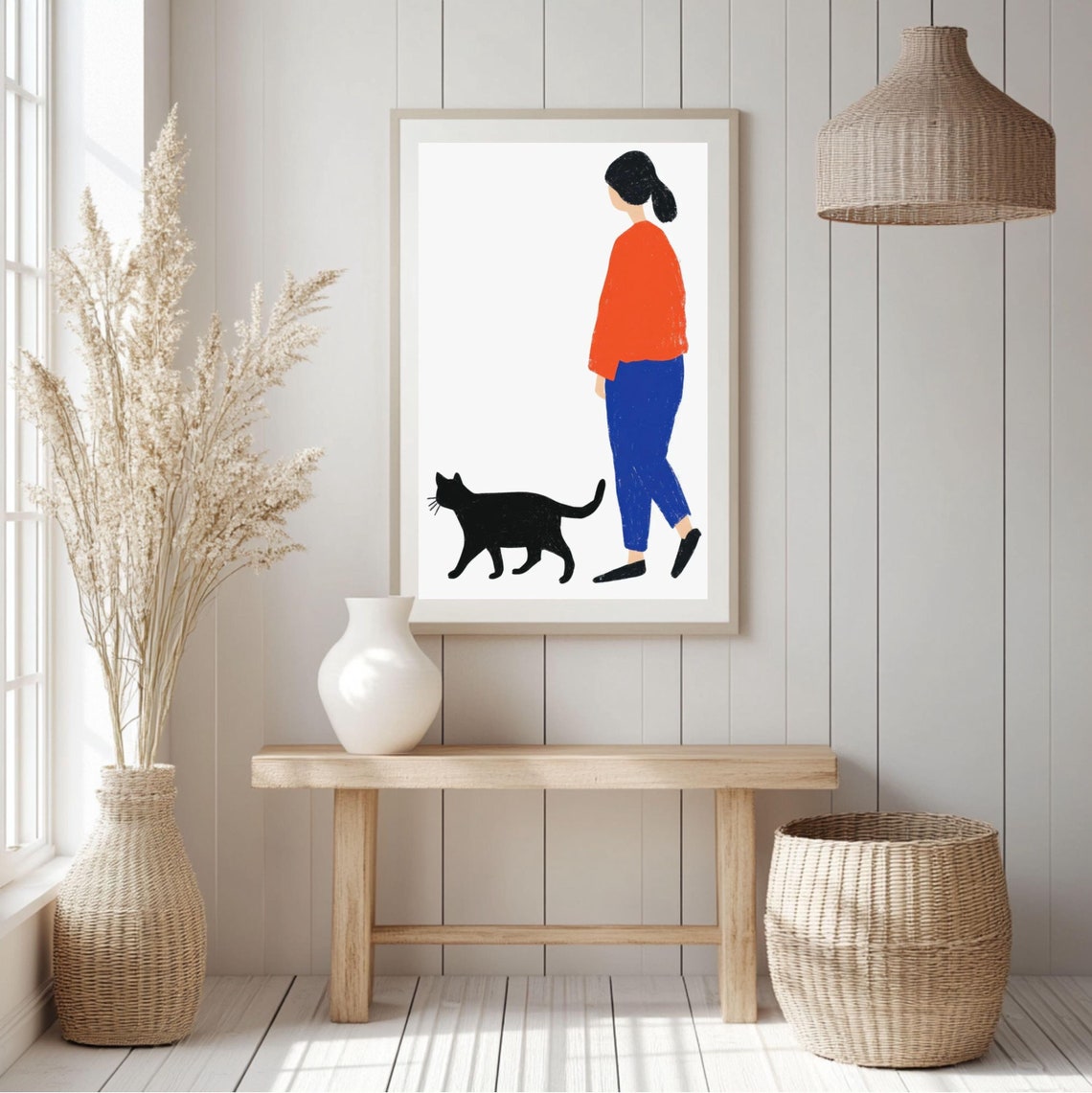 Girl Walking Beside Her Black Cat Minimalist Color Block Poster