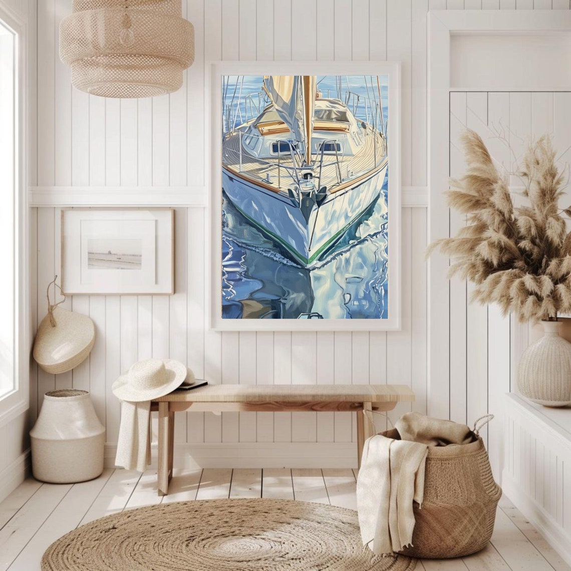 Watercolor Sailboat Bow Gliding Across Blue Sea Nautical Wall Art