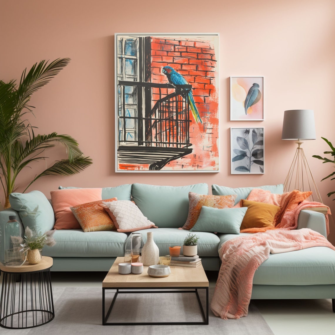 Blue Parrot on a New York Brownstone Fire Escape Pastel Poster