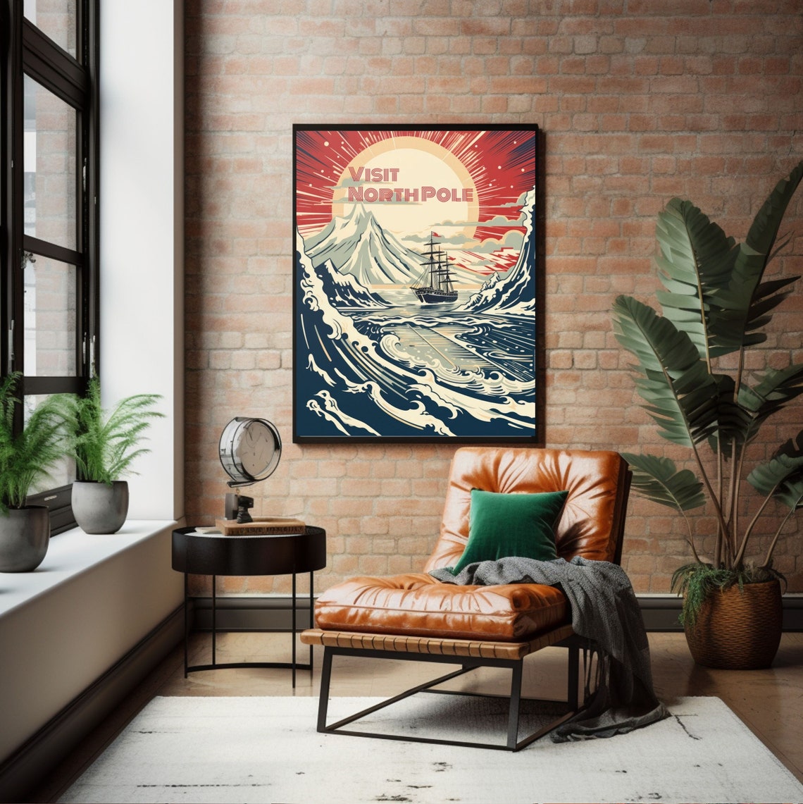 Visit North Pole Retro Travel Poster Tall Ship Mountain Waves