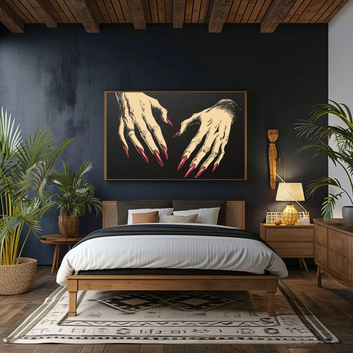 Spooky Witch Hands With Long Red Nails Black Background Poster