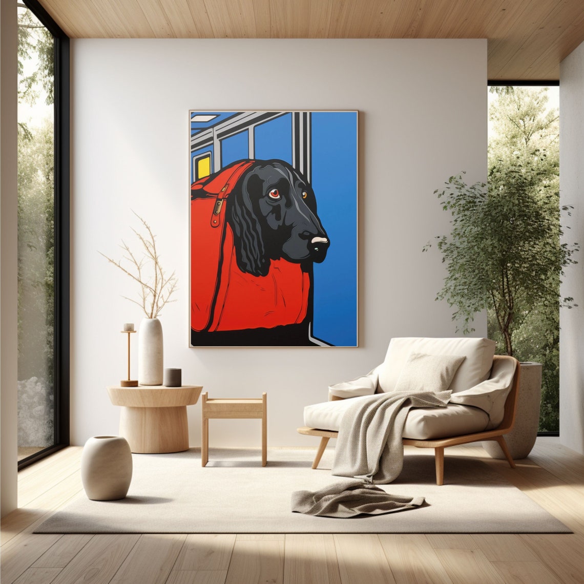 Funny Pop Art Black Dog Peeking Out of a Bright Red Bag Poster