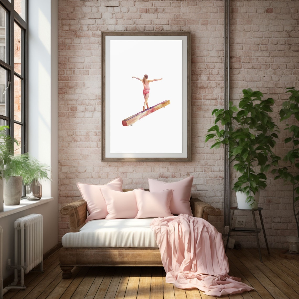 Gymnast Girl On Beam Watercolor Wall Art Print