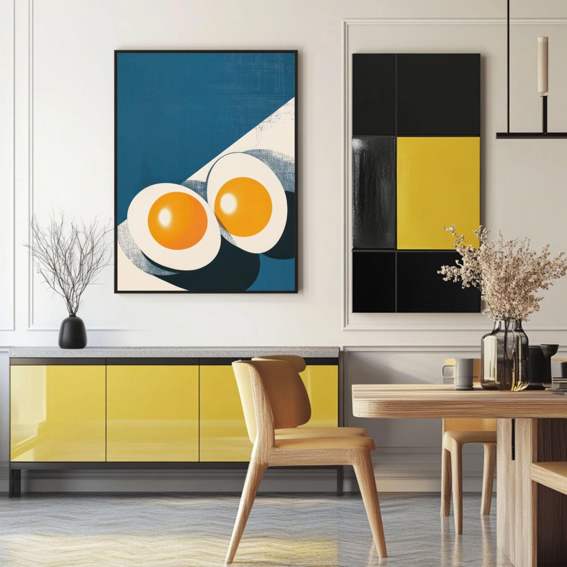 Retro Fried Eggs Poster Minimalist Teal Kitchen Breakfast Artwork