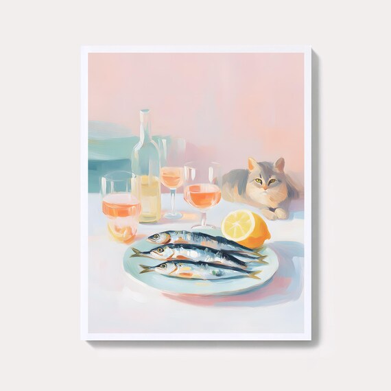 Pastel Cat Wine Sardines and Lemon Coastal Dining Table Still Life Print