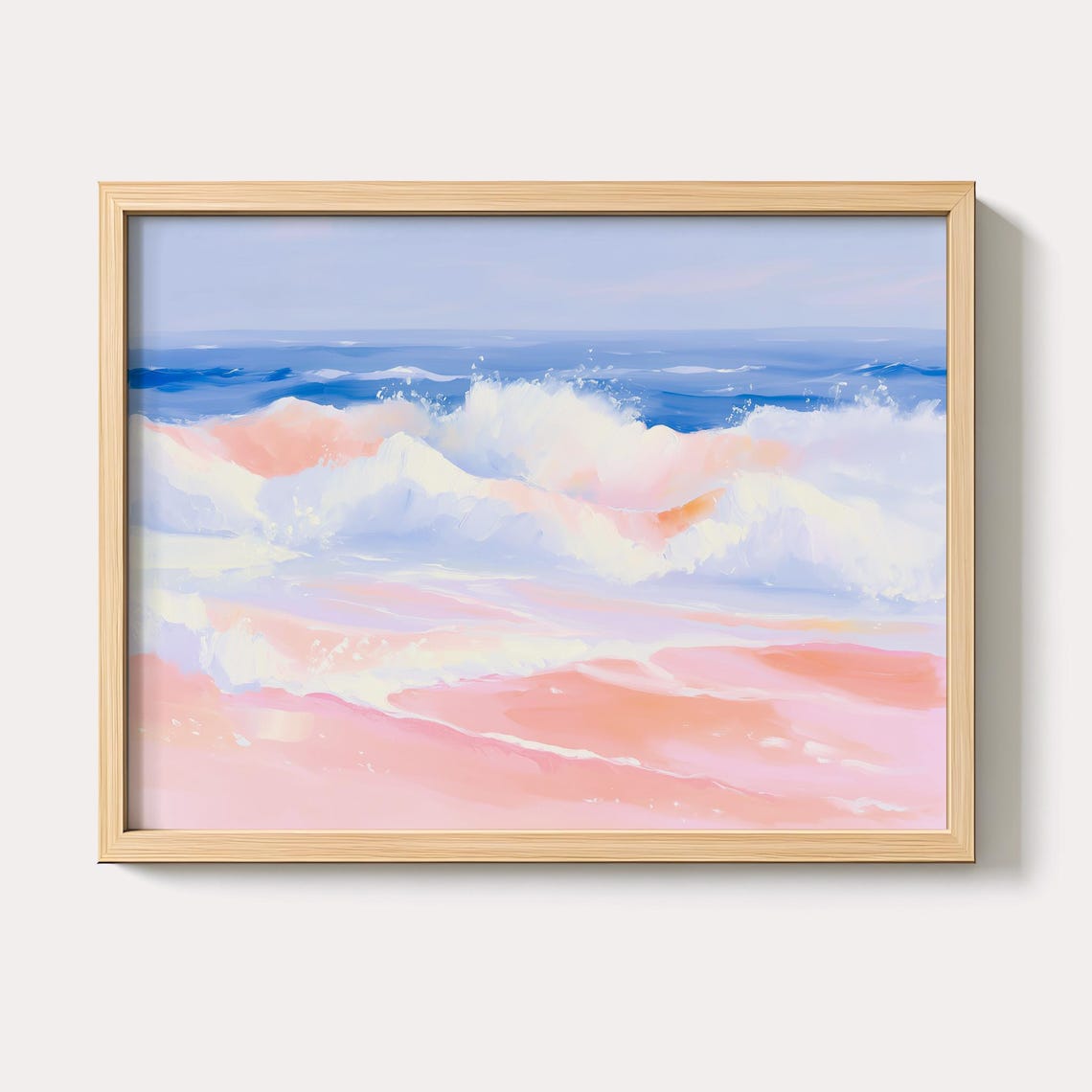 Pastel Pink Ocean Waves Beach Scene Coastal Canvas Art Poster