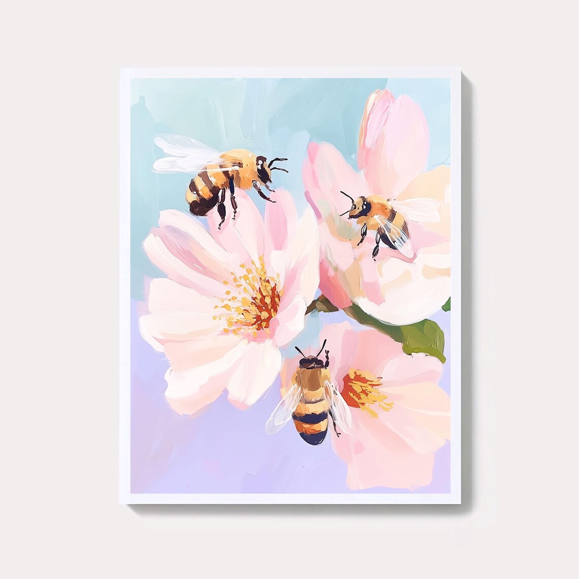 Pastel Bees On Pink Blossoms Watercolor Floral Painting Poster