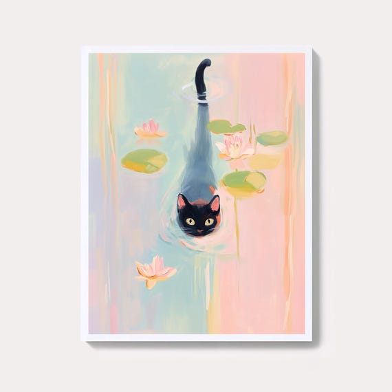 Monet Cat Art Print Waterlily Pastel Wall Decor