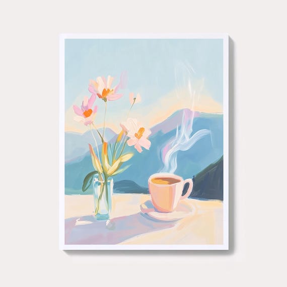Mountain Coffee Cup Print Pastel Landscape Wall Art