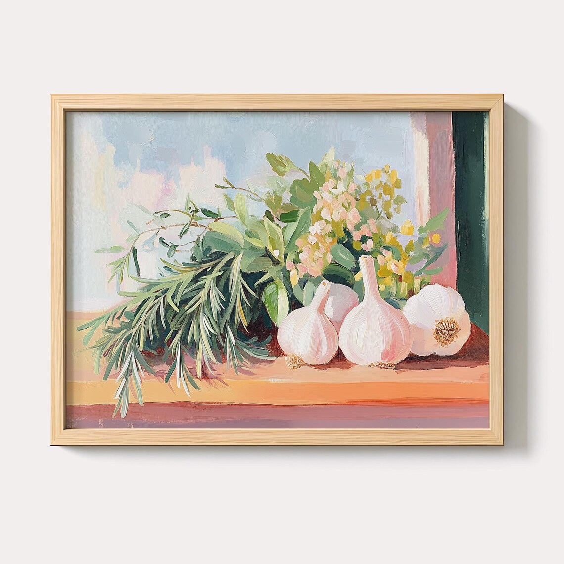 Fresh Kitchen Herbs Garlic And Rosemary Still Life Painting Wall Art