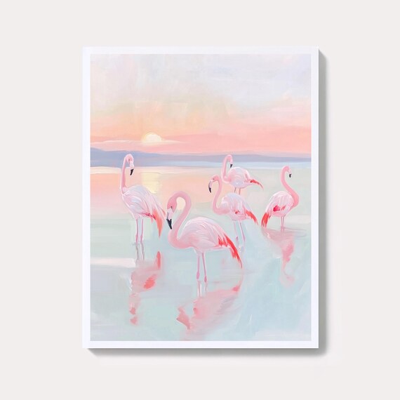 Pink Flamingos Sunset Pastel Painting Coastal Water Bird Art Poster