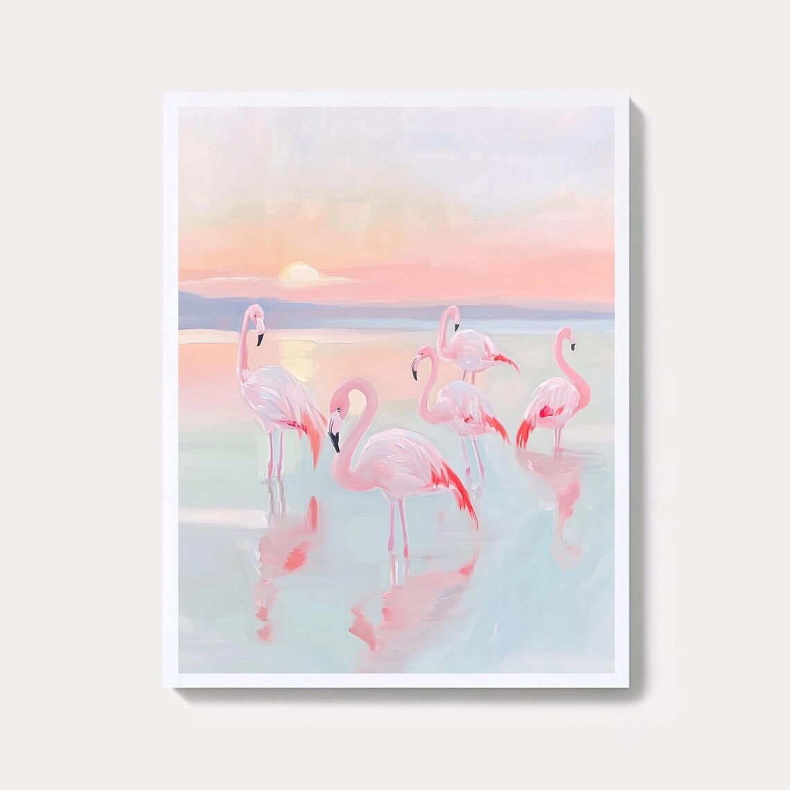 Pink Flamingos Sunset Pastel Painting Coastal Water Bird Art Poster