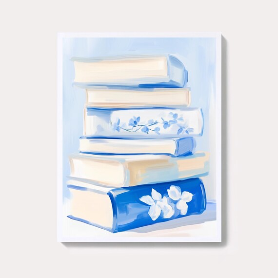 Blue Floral Book Nook Painting Stacked Books Library Decor Poster