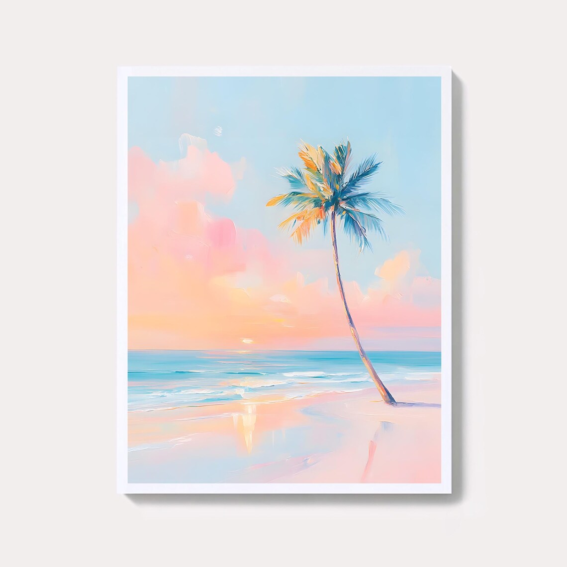 Lone Palm Tree Sunset Beach Pastel Tropical Ocean Island Wall Art