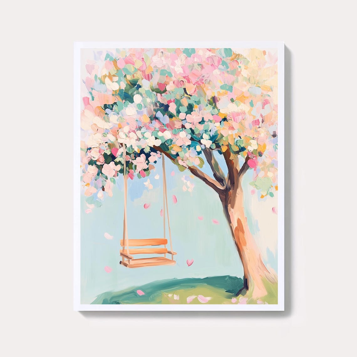 Dreamy Wooden Swing On Blossoming Pink Tree Spring Garden Poster