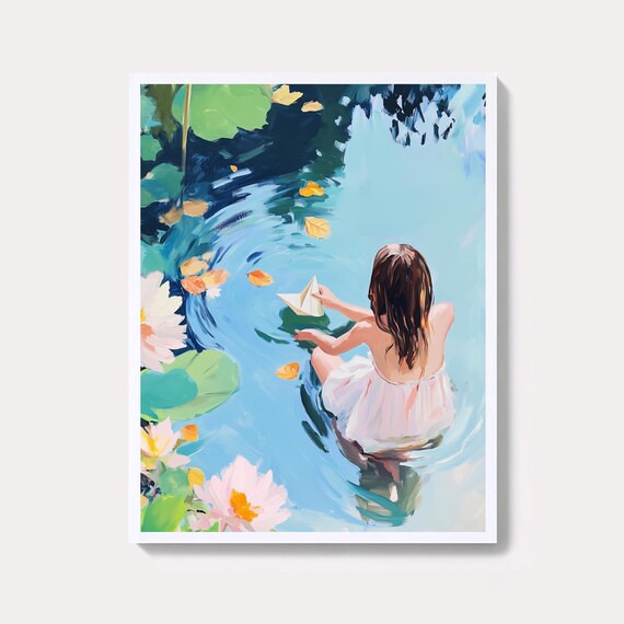 Creekside Paper Boat Girl in White Sundress Watercolor Dreamy Art Poster