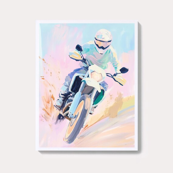 Pastel Motocross Rider Watercolor Art Print Dirt Bike Racing Action Decor