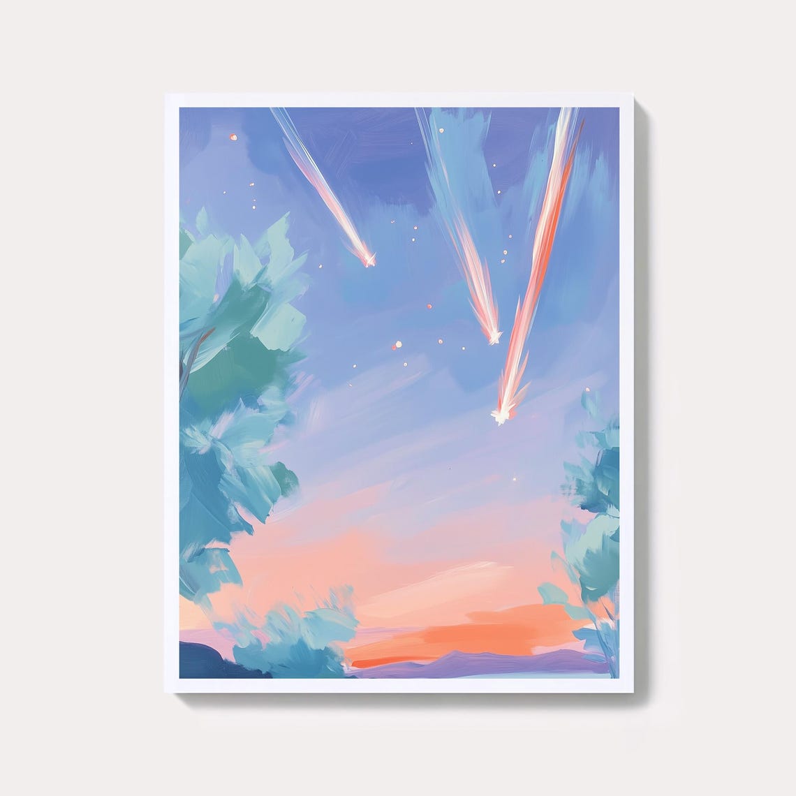 Shooting Stars Over A Pastel Night Sky Celestial Painting Poster