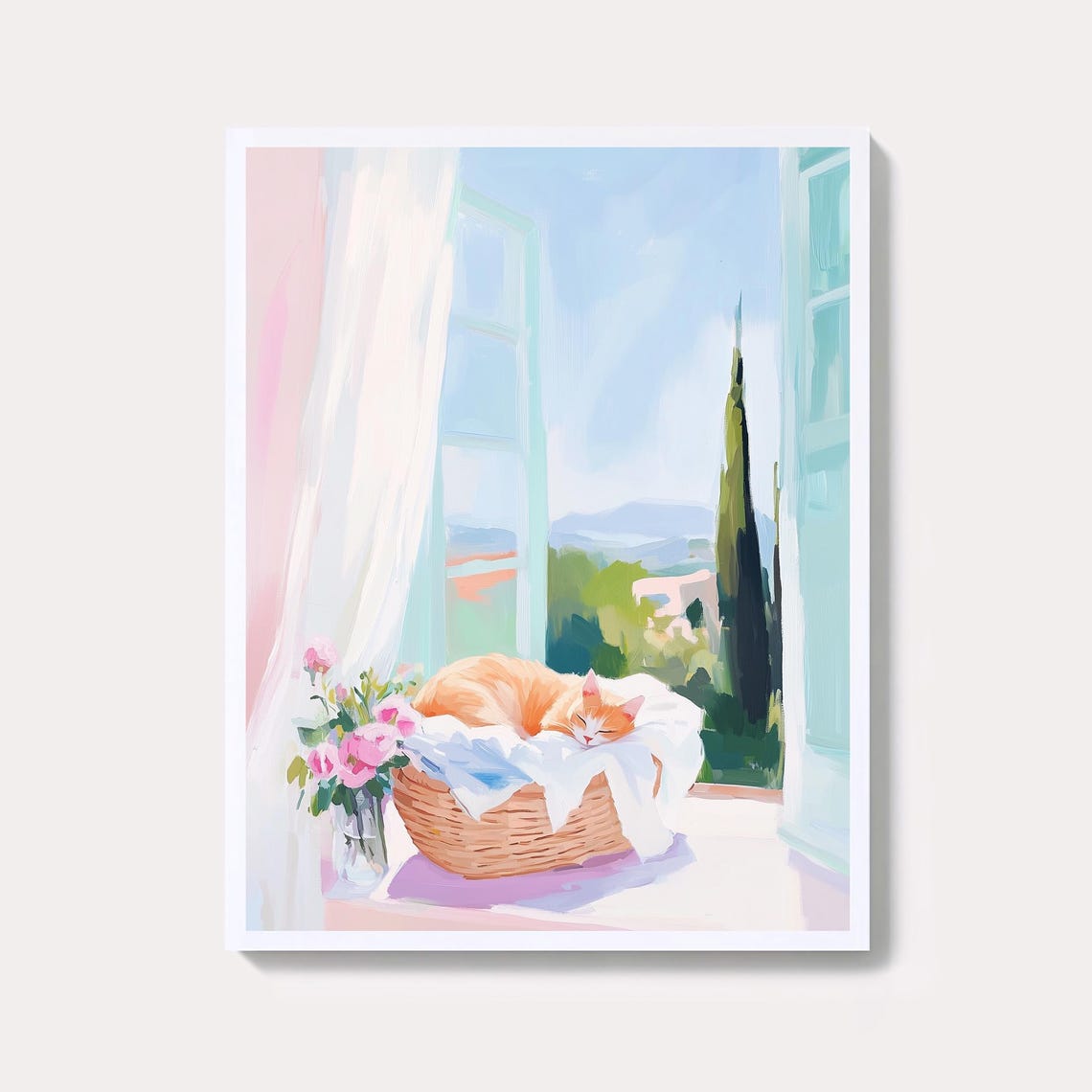Sleeping Ginger Tabby Cat Curled In Basket By Sunny Window Poster