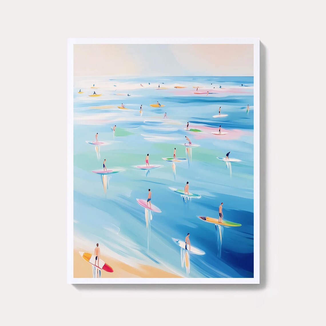 Pastel Aerial View Of Surfers On Boards In Blue Ocean Art Poster