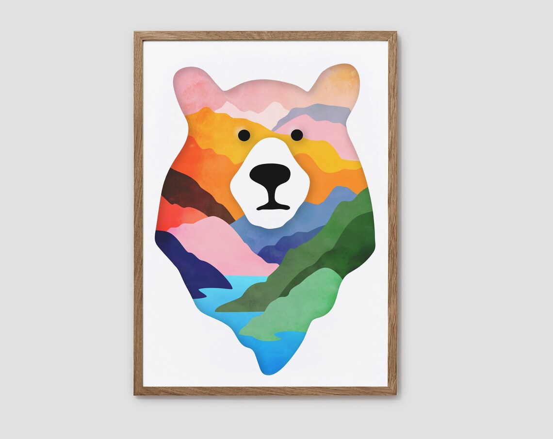Bear Illustration Poster, Animal Landscape Art Print