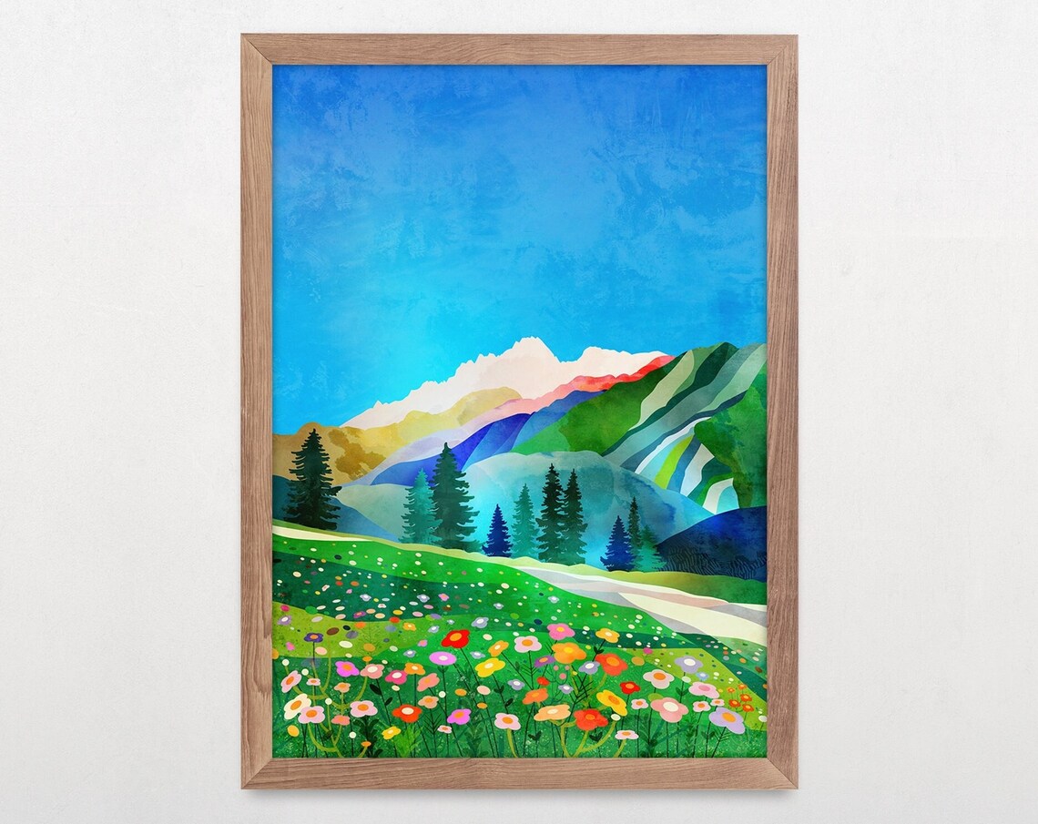 Alpine Wildflower Meadow with Colorful Blooms and Mountains Poster