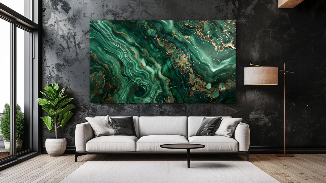 Emerald Green Marble Malachite Swirl Gold Veins Luxury Wall Art