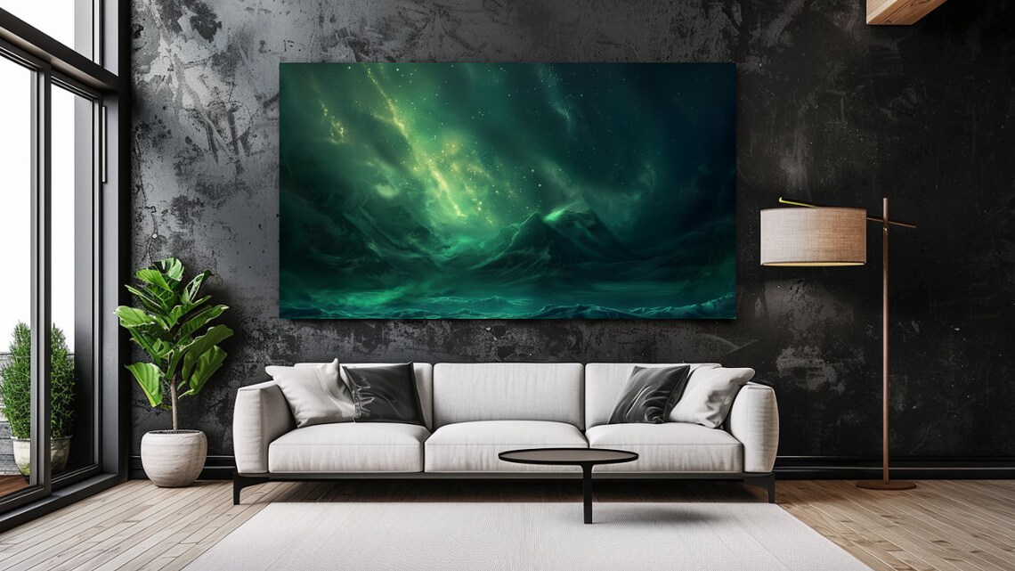 Green Northern Lights Over Dark Mountains Starry Night Sky Poster