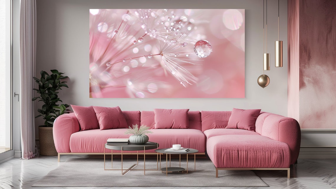 Pink Dandelion Seed With Water Droplets Macro Floral Wall Art