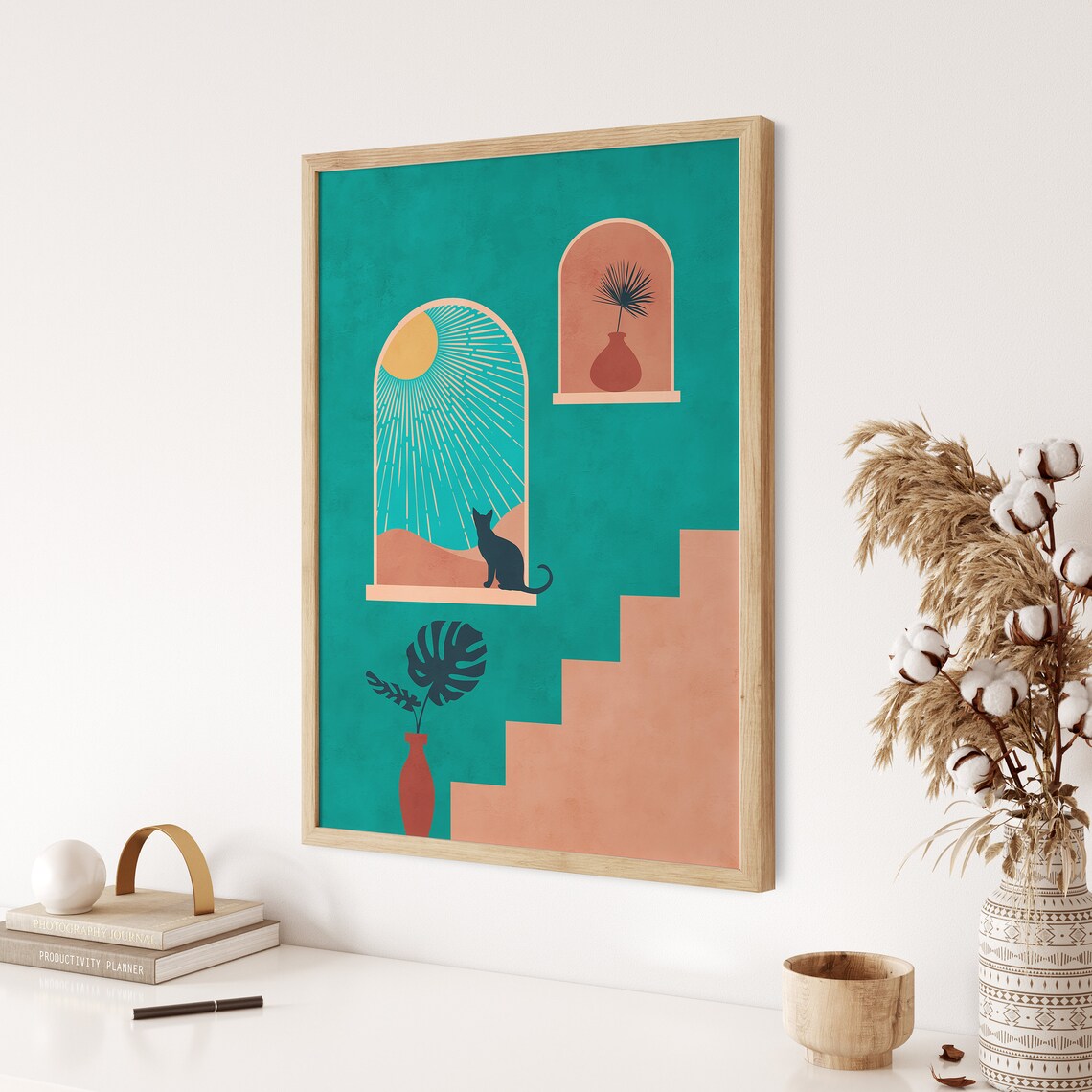 Moroccan Arch Teal Cat Sunlit Stairs Bohemian Colorful Art Poster - Image 3