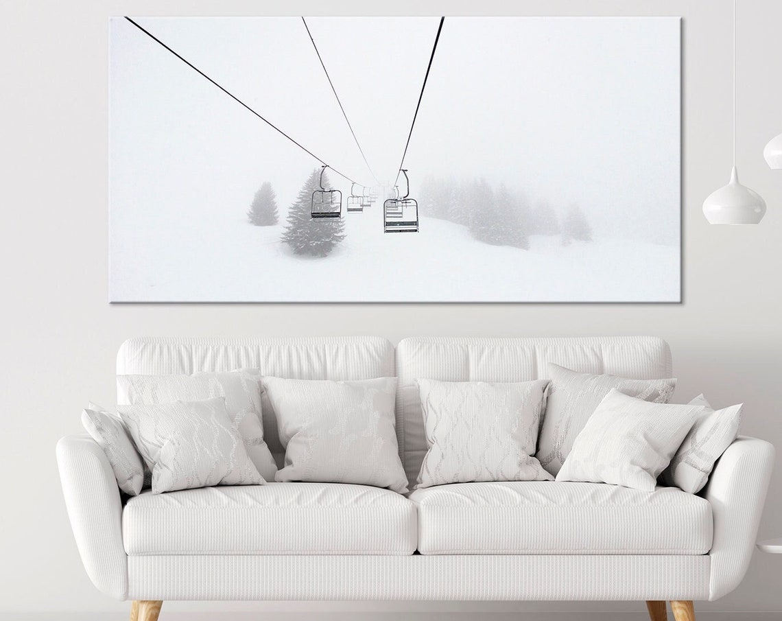 Misty Winter Ski Lift Empty Chairs Snowy Pine Forest Fog Travel Poster