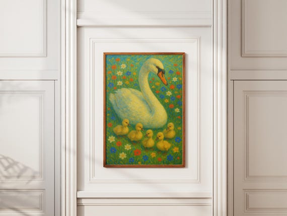 Swan And Ducklings Nursery Art Print Floral Illustration