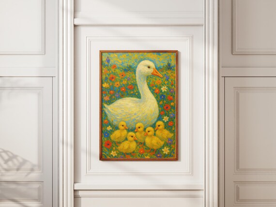 Mother Duck and Ducklings in Colorful Wildflower Meadow Poster