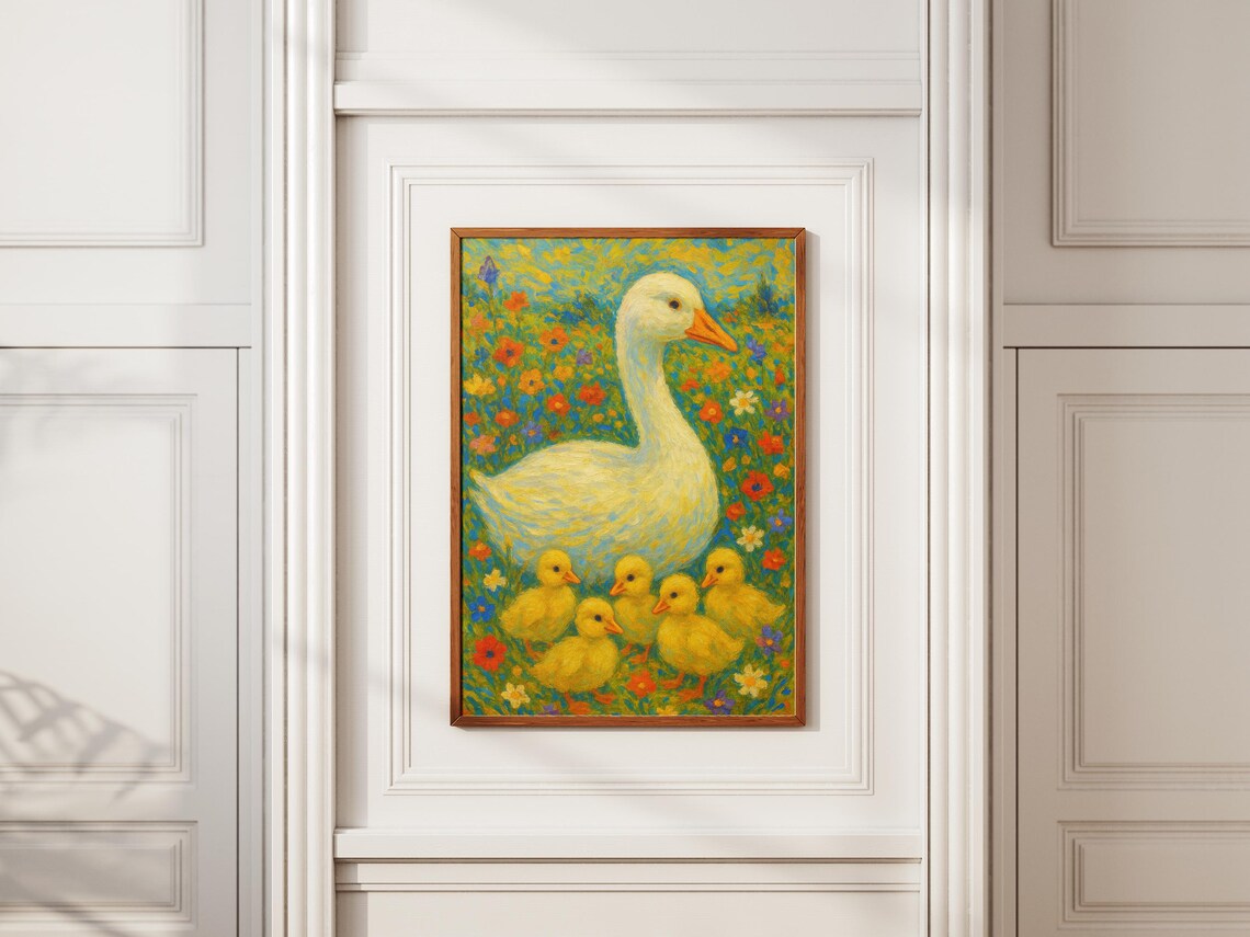 Mother Duck and Ducklings in Colorful Wildflower Meadow Poster