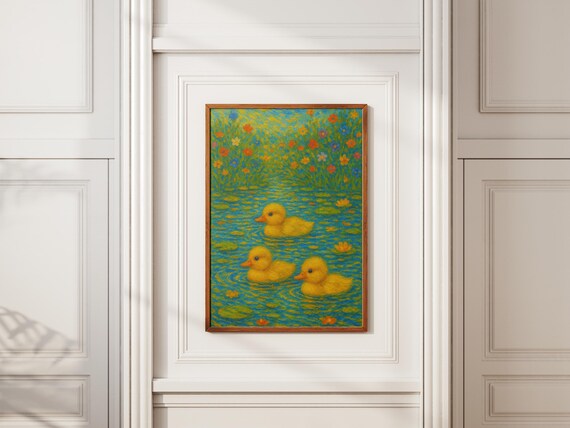 Baby Ducklings Swimming Pond Lily Pads Floral Nursery Wall Art