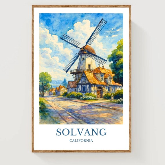 Solvang California Danish Windmill Village Watercolor Travel Poster