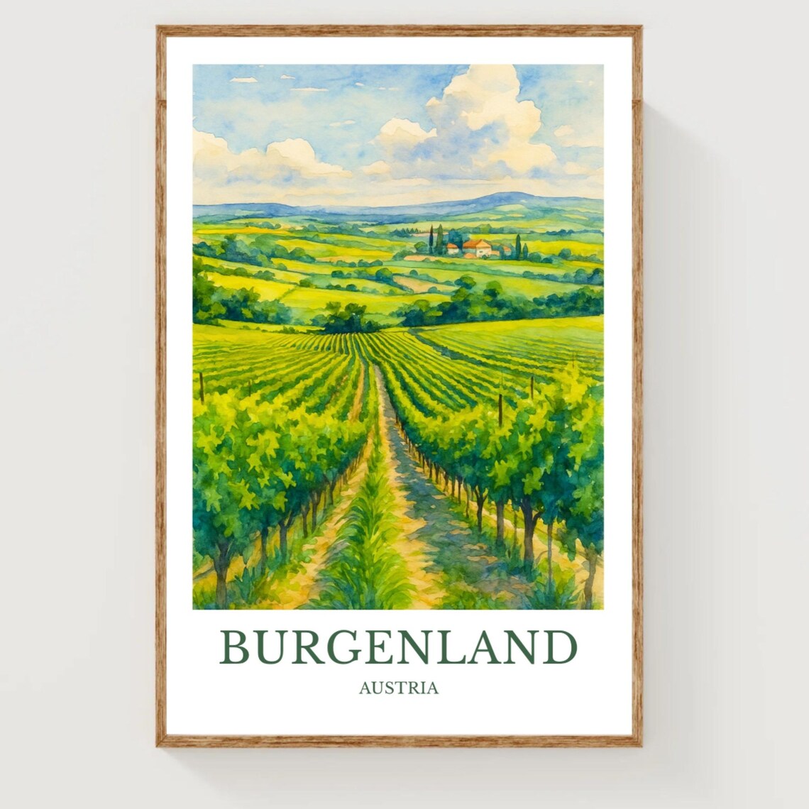 Burgenland Austria Rolling Vineyard Hills Watercolor Travel Poster