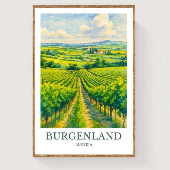 Burgenland Austria Rolling Vineyard Hills Watercolor Travel Poster