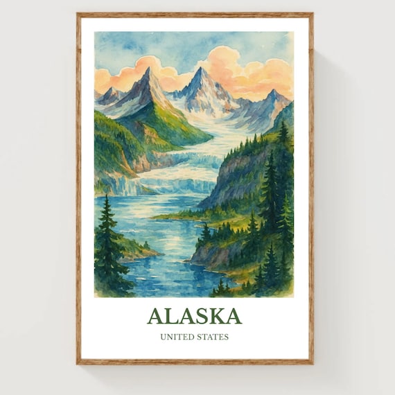 Alaska United States Glacier Mountains Watercolor Vintage Travel Poster