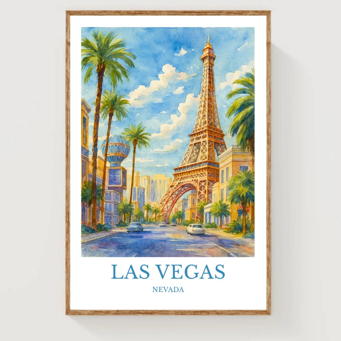 Las Vegas Nevada Eiffel Tower Paris Strip Watercolor Travel Poster