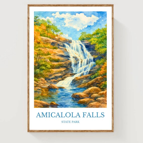 Amicalola Falls State Park Watercolor Waterfall Travel Poster