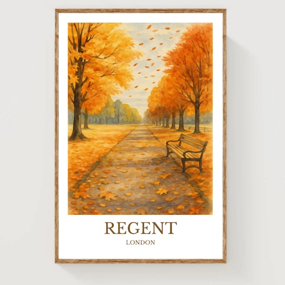 Regent Park London Golden Autumn Tree Path Watercolor Travel Poster