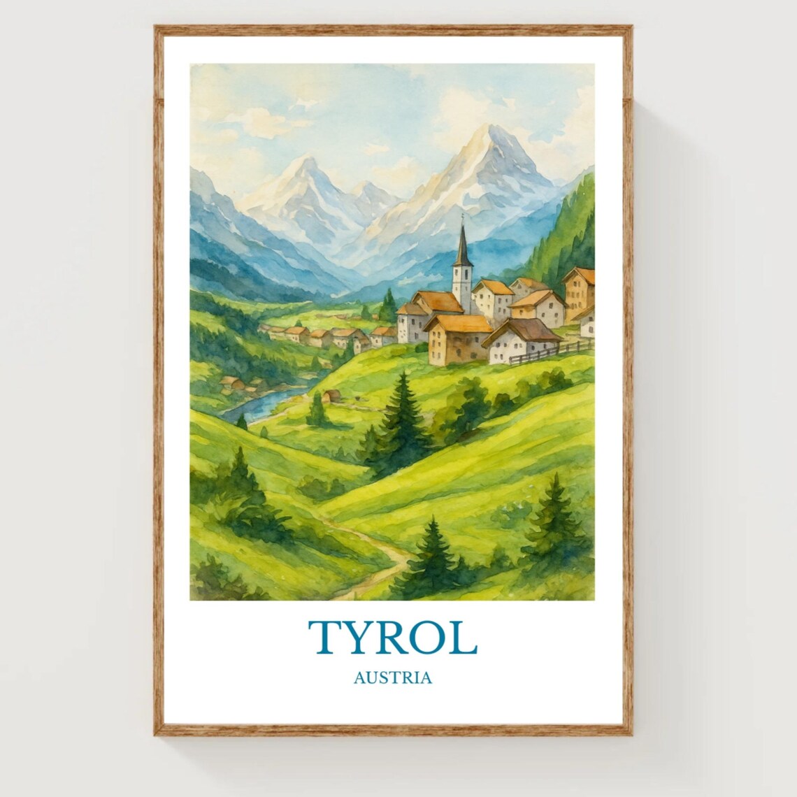 Tyrol Alpine Village Church Snowy Peaks Austria Watercolor Poster