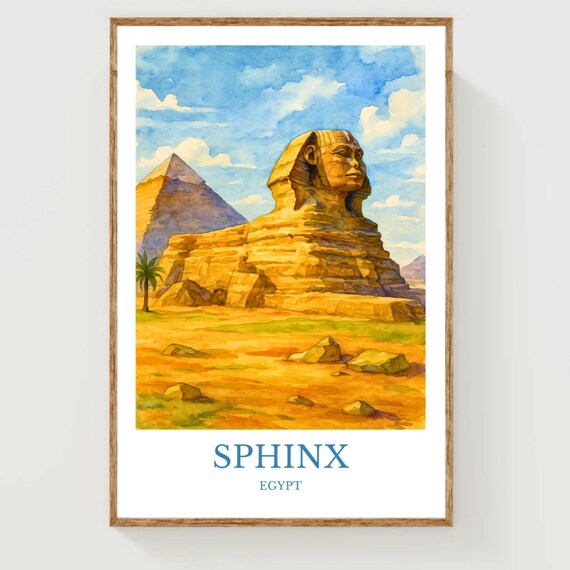Sphinx Egypt Watercolor Travel Poster Desert Pyramids Wall Decor