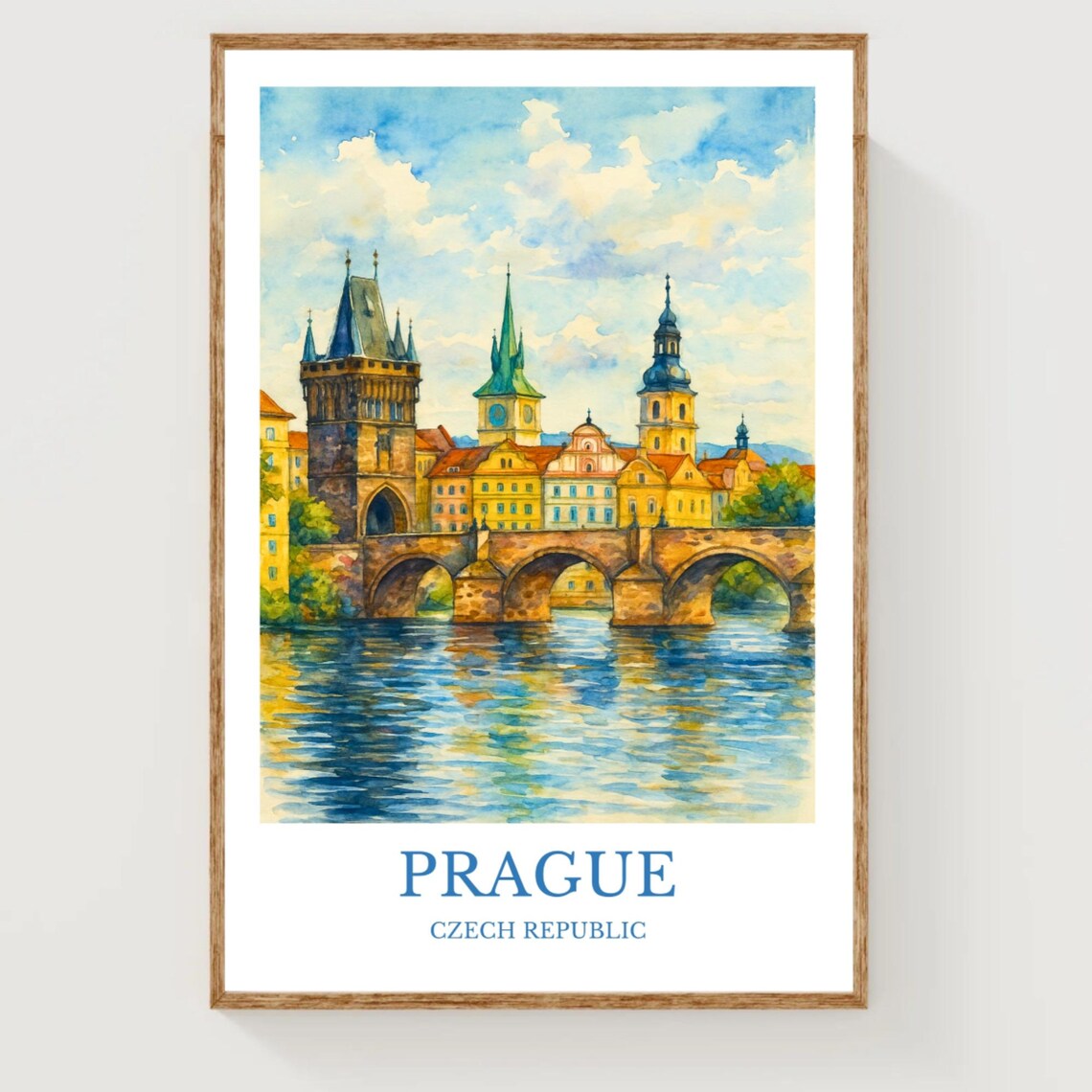Prague Czech Republic Watercolor Travel Poster with Charles Bridge
