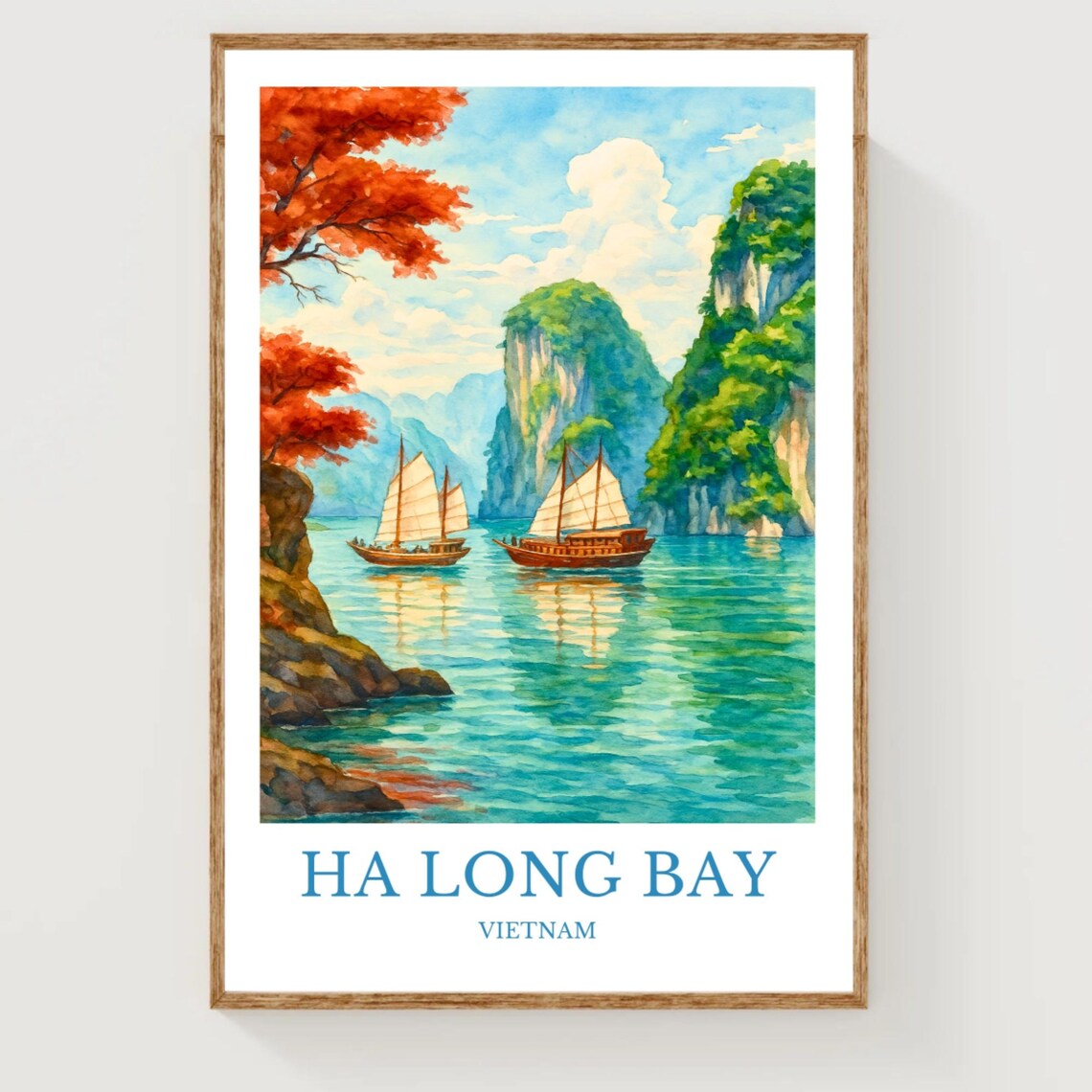 Ha Long Bay Vietnam Travel Poster Watercolor Junk Boats Karst Islands