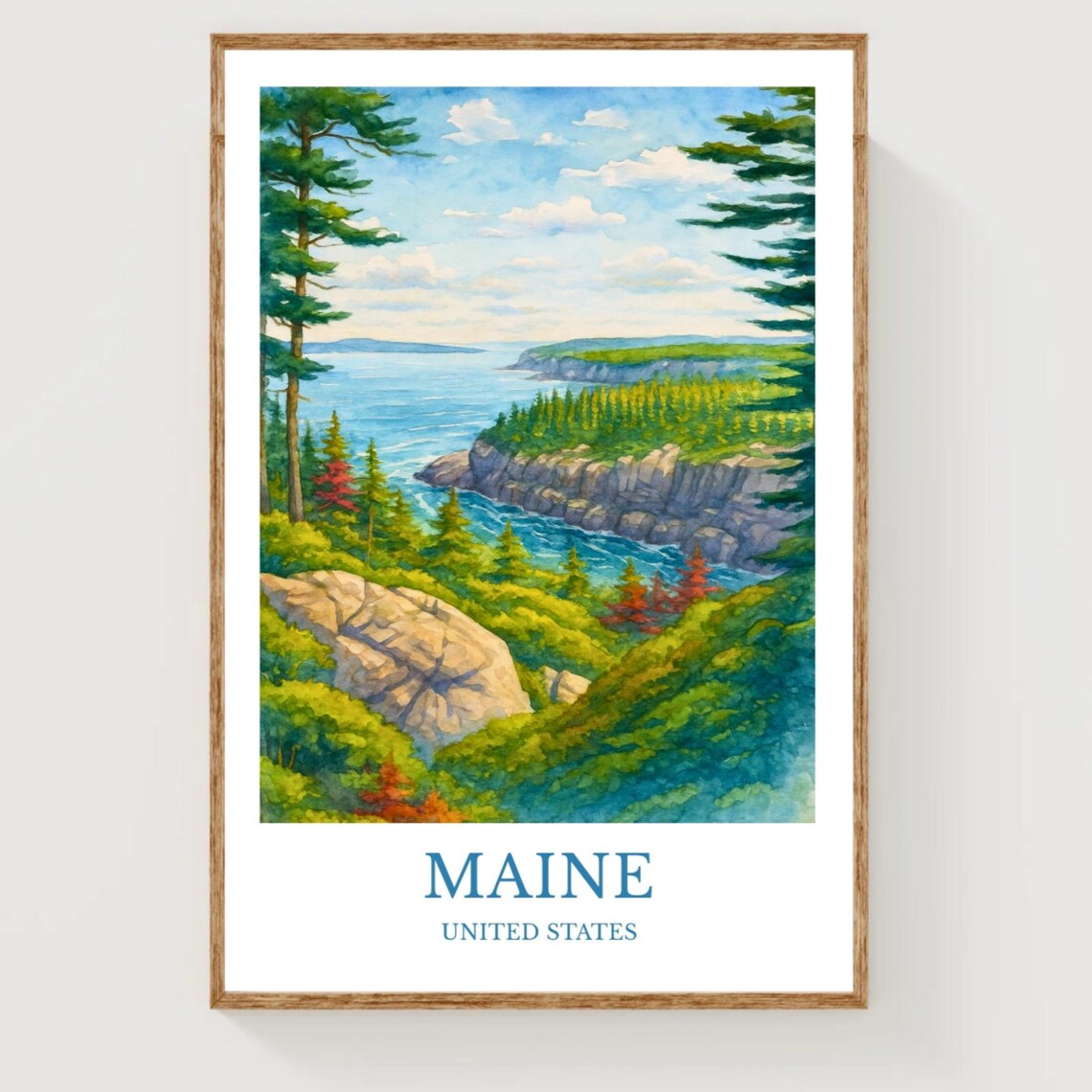 Maine Rocky Coastline Pine Forest Ocean Watercolor Travel Poster