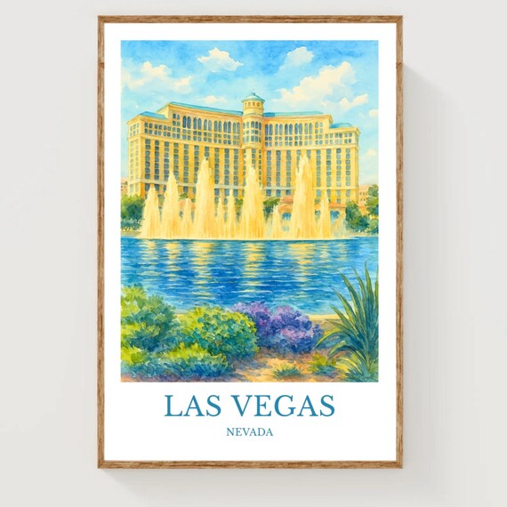 Las Vegas Nevada Watercolor Fountain Hotel Strip Travel Poster