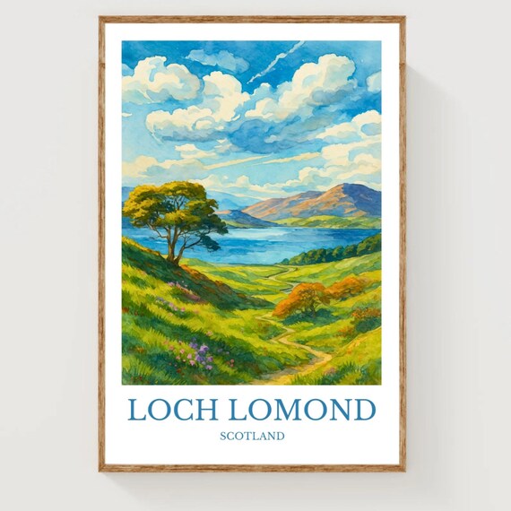 Loch Lomond Scotland Watercolor Travel Poster Highland Lake Decor