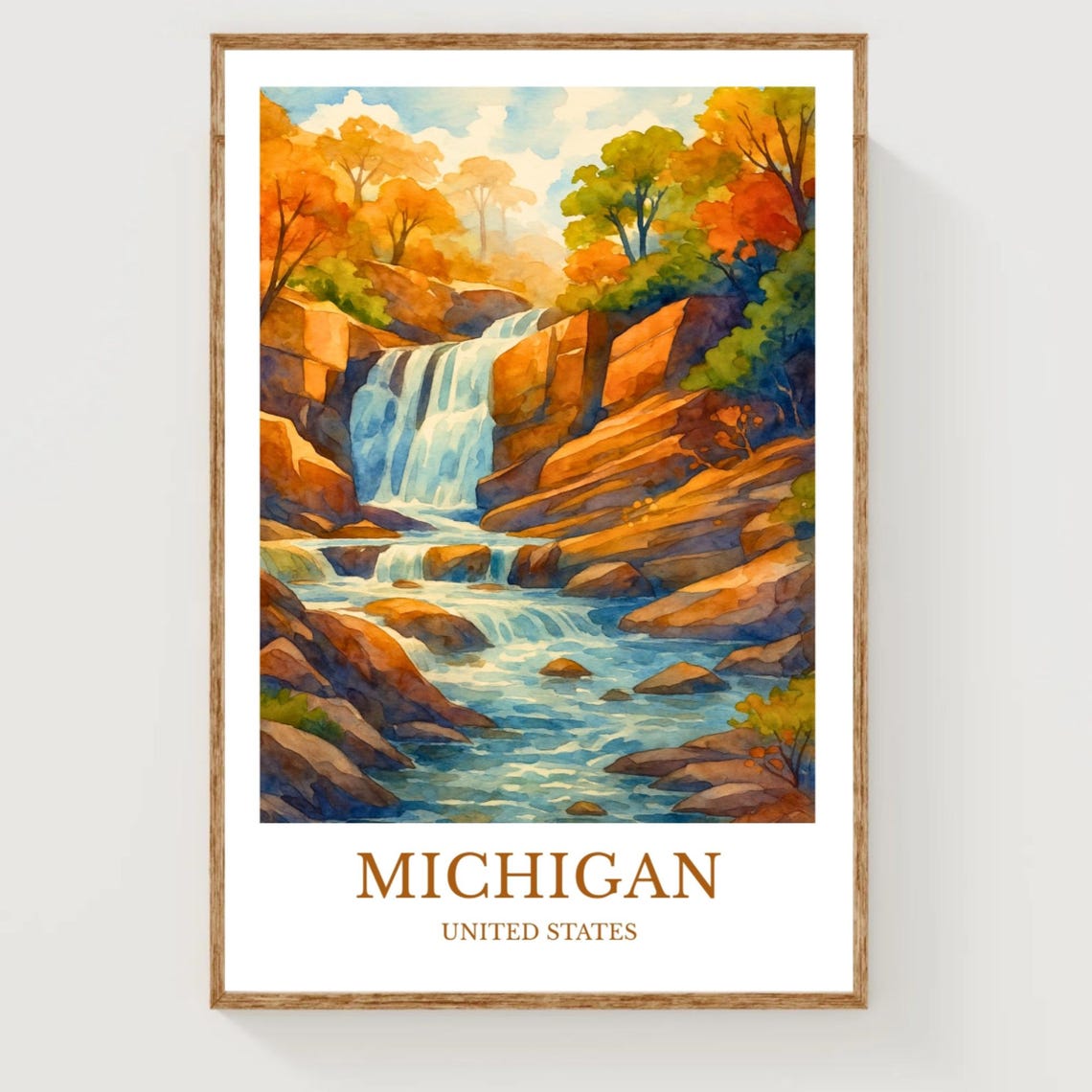 Michigan Autumn Waterfall Cascading Over Amber Rocks Travel Poster